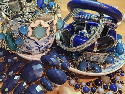 Blue Costume Jewelry Lot Necklace Bracelets Earrings. also includes signed pieces as well as 2 overflow bags.