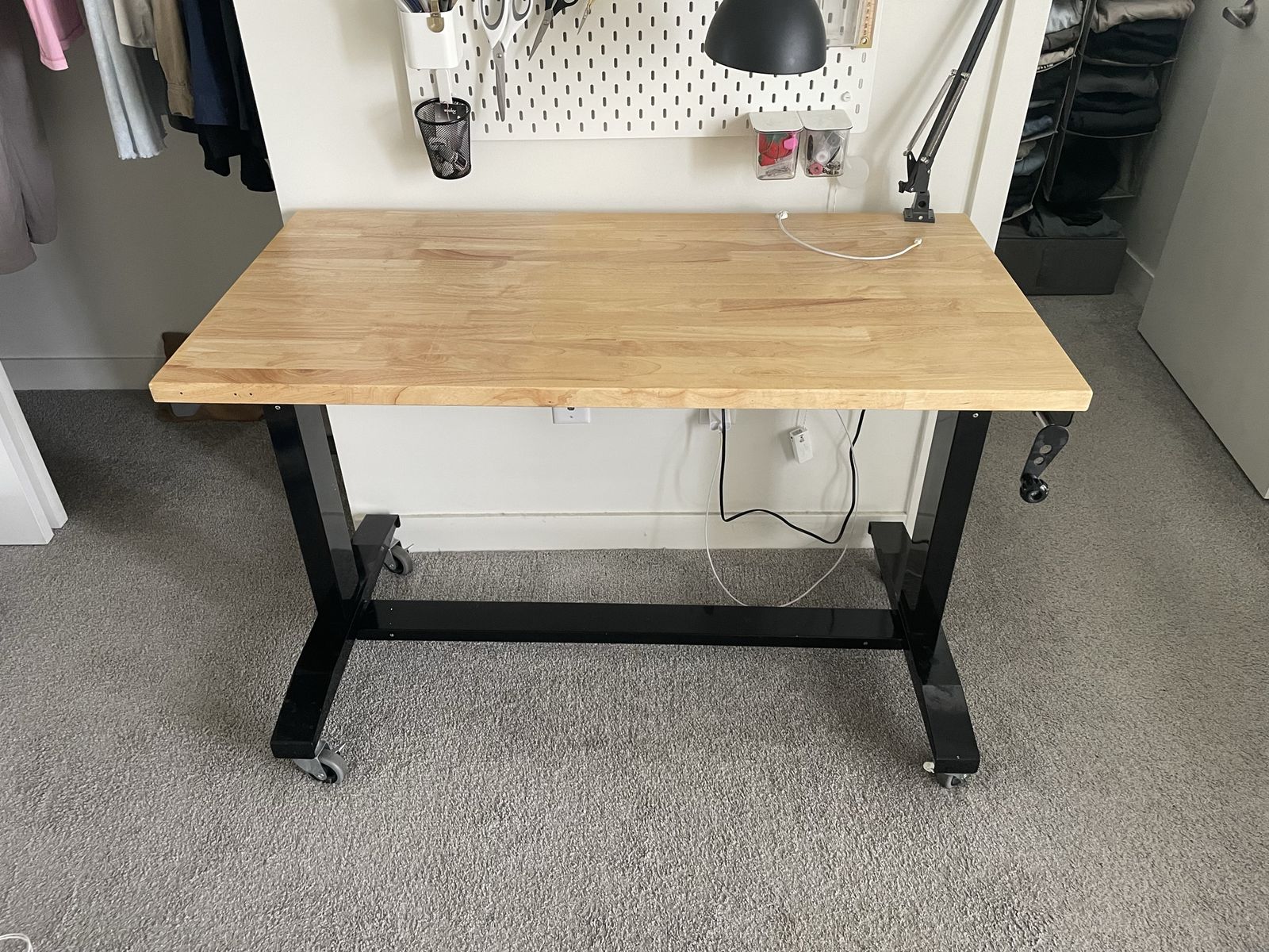 Husky 46-inch Adjustable Height Solid Wood Top Workbench Desk with Casters (comes with a lamp)