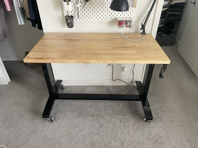 Husky 46-inch Adjustable Height Solid Wood Top Workbench Desk with Casters (comes with a lamp)