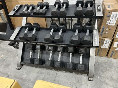 TAG Rubber Hex Dumbbell Set 5-50lbs with 3-Tier Rack