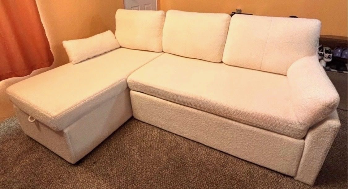 Cream Modular Sectional Sofa Couch with Pull-Out Sleeper and Storage Chaise, Adjustable Backrest