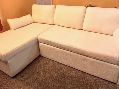 Cream Modular Sectional Sofa Couch with Pull-Out Sleeper and Storage Chaise, Adjustable Backrest