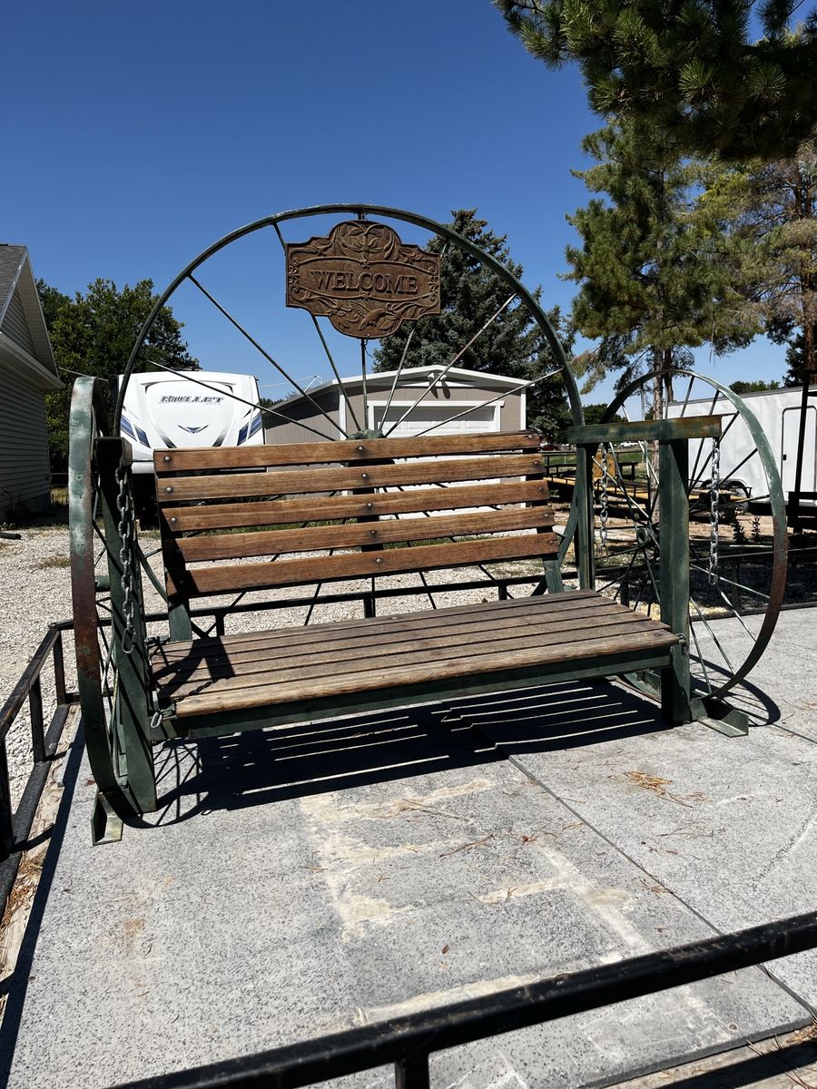 Custom Outdoor Garden Bench Made From Antique Steel Wheels with Welcome sign 