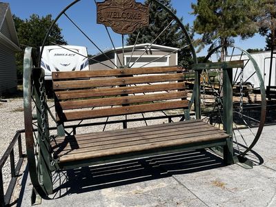 Custom Outdoor Garden Bench Made From Antique Steel Wheels with Welcome sign