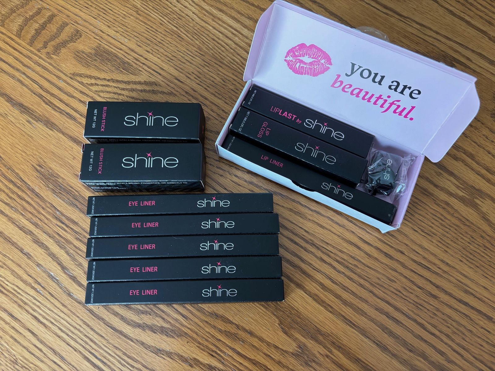 Brand New in Box Shine Cosmetics Makeup- Lips, Blush, and Eyeliners.