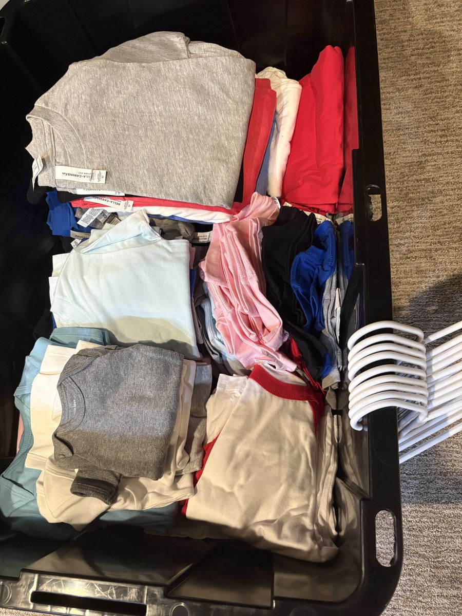 Brand new Youth, toddler t-shirts and onesies. A few crew neck sweatshirts.