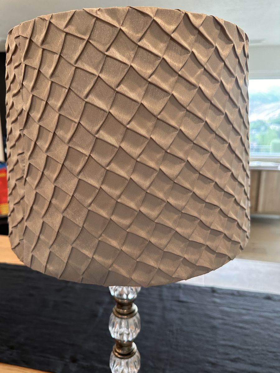 Elegant Clear Crystal & Bronze Table Lamp with Pleated Beige Fabric Shade