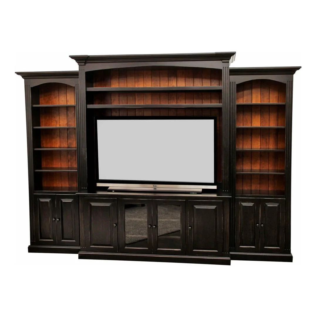 Elegant Black Entertainment Center & Bookcase Wall Unit - Wood, Large Media Console, Display Shelves