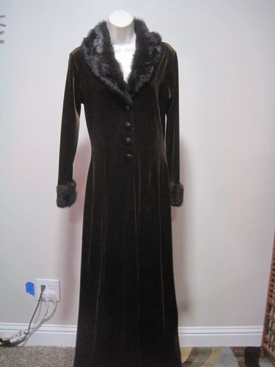 Luly K Vintage Brown Velvet & Black Faux Fur Trim Long Jacket Women Size Medium
