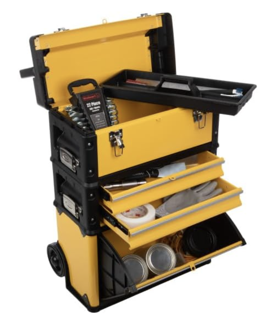 Heavy Duty 3-in-1 Rolling Toolbox with Removable Sections, Retractable Handle, and Organizers