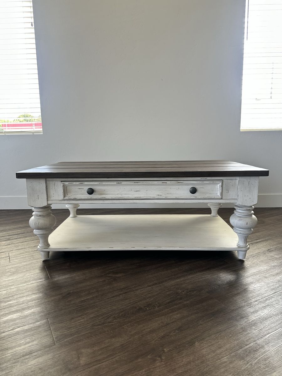 Distressed White and Dark Wood Coffee Table with Storage Drawer