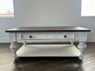 Distressed White and Dark Wood Coffee Table with Storage Drawer