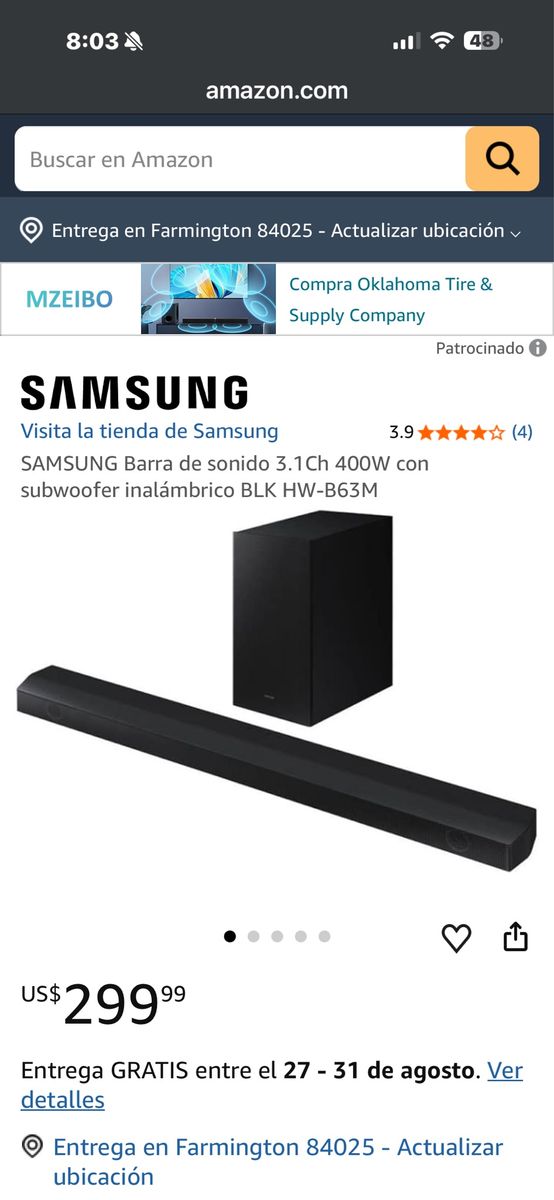 Samsung 3.1Ch 400W Soundbar with Wireless Subwoofer HW-B63M Black. TV system
