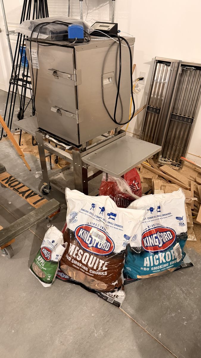 Smokin-It Model #2 electric smoker with stainless cart, cover, air pump, and BBQ wood chunks + pellets