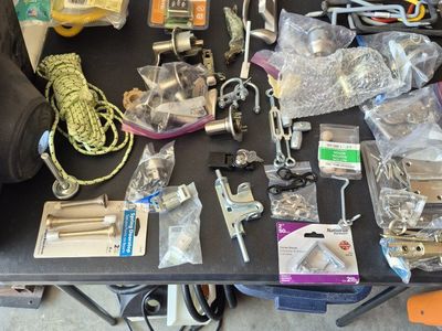 Assorted Home Hardware Lot - Door Knobs, Doorstops, Latches, Braces & Connectors. Buy some or all.