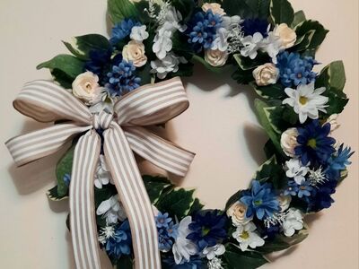Pretty Blue and White handcrafted floral Wreath