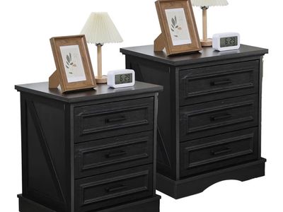 NEW Farmhouse Night Stands Set of 2, Wood Nightstand with Charging Station, 22" Wide End Table