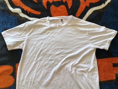 White Short Sleeve Cotton T-Shirt - Curved Hem Basic Tee, Size L
