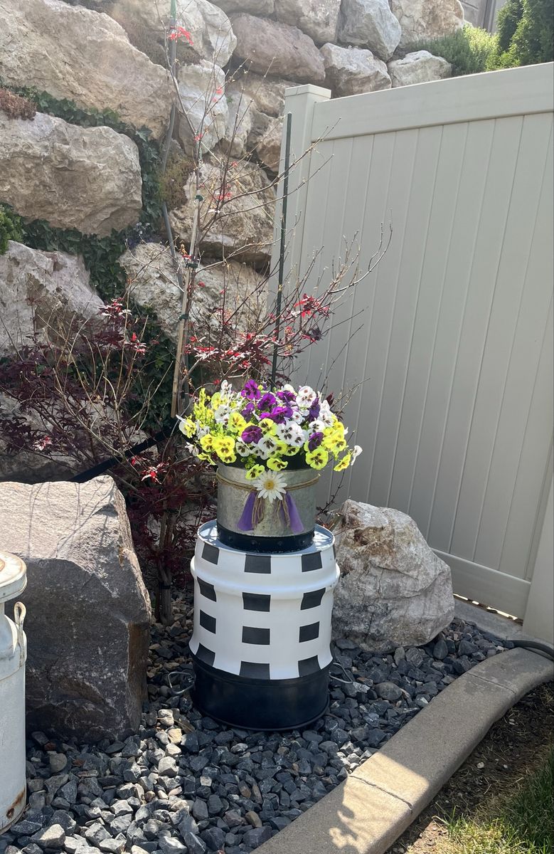 Checkered Barrel Planter- with darling pansy bucket. Indoor or Outdoor Garden Decor
