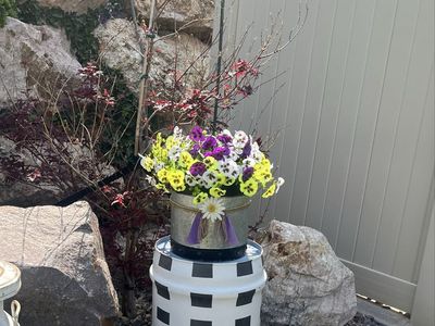 Checkered Barrel Planter- with darling pansy bucket. Indoor or Outdoor Garden Decor