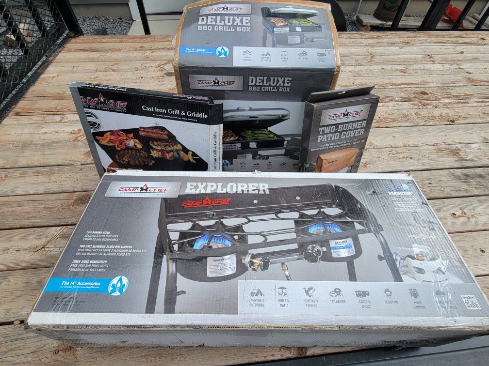 Camp chef explorer stove with accessories