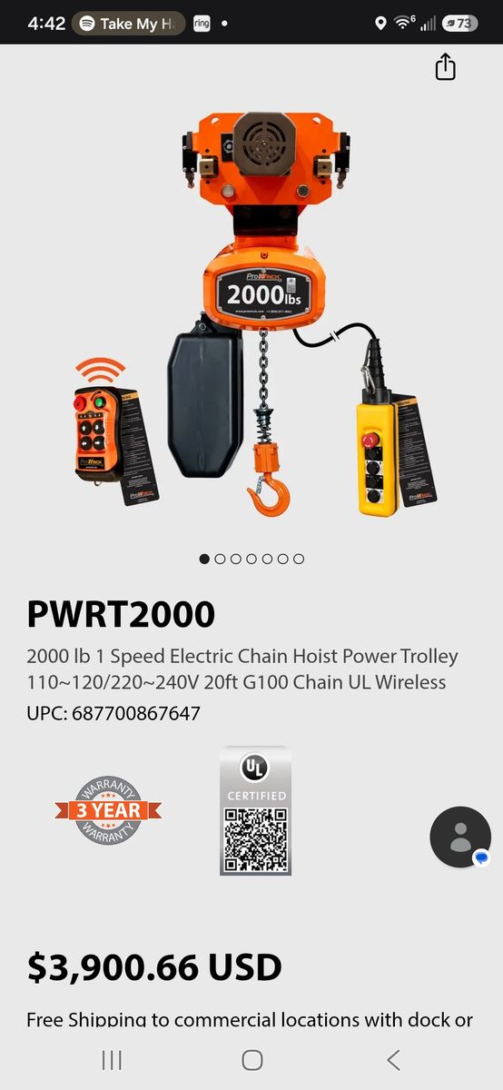 2000 lb 1 Speed Electric Chain Hoist Power Trolley 110~120/220~240V 20ft G100 Chain Wireless Remote s