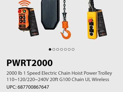 2000 lb 1 Speed Electric Chain Hoist Power Trolley 110~120/220~240V 20ft G100 Chain Wireless Remote s