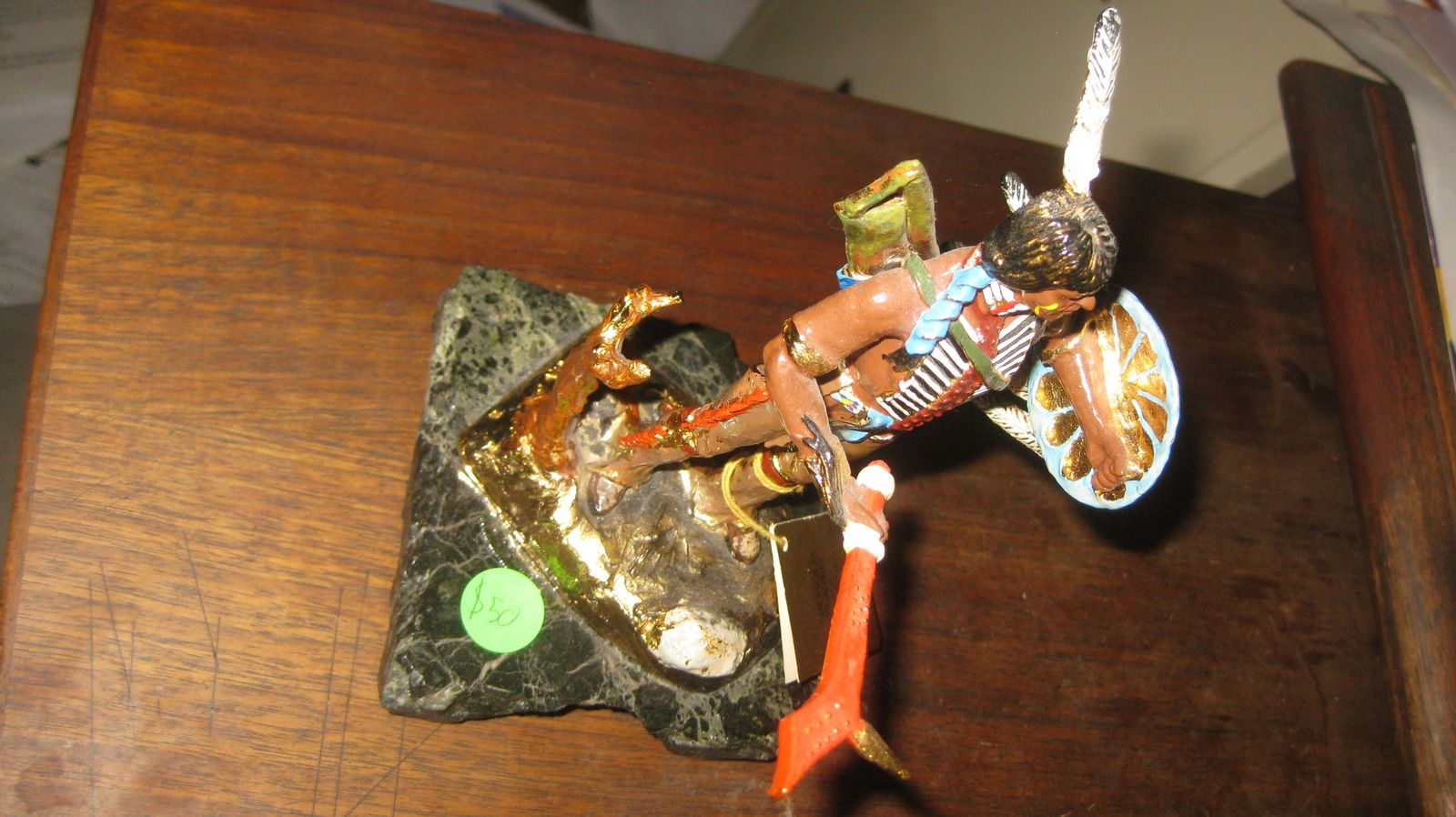 24K Gold Plated Hand Painted Native American Warrior Figurine on Marble Base - Collectible