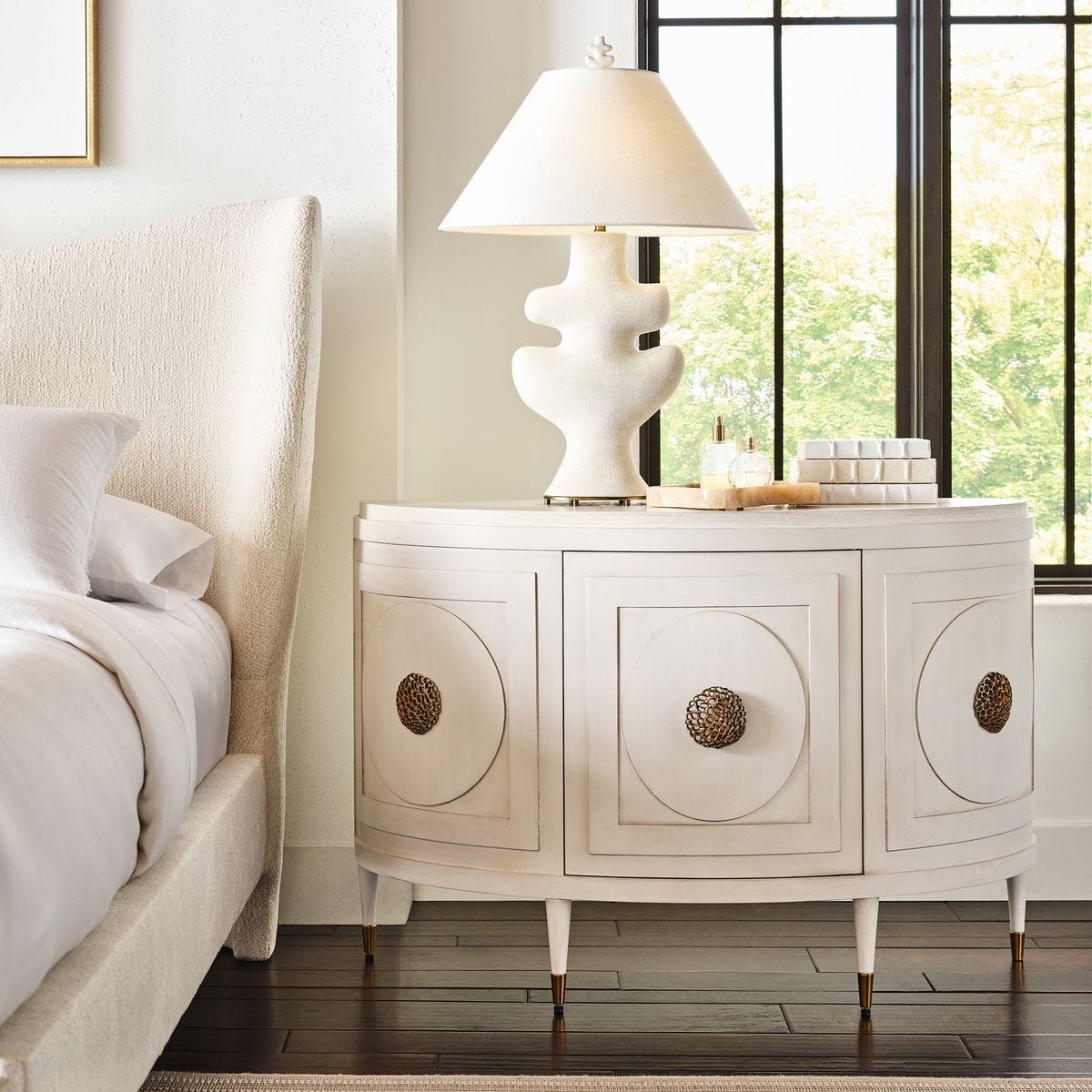2 x Uttermost Console and Nightstand in Dune Finish with Custom Hardware, 48” wide