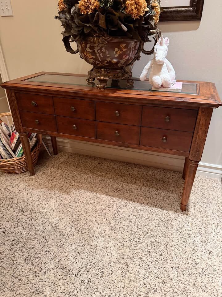 Solid Wood Console Table with Glass Inset Top