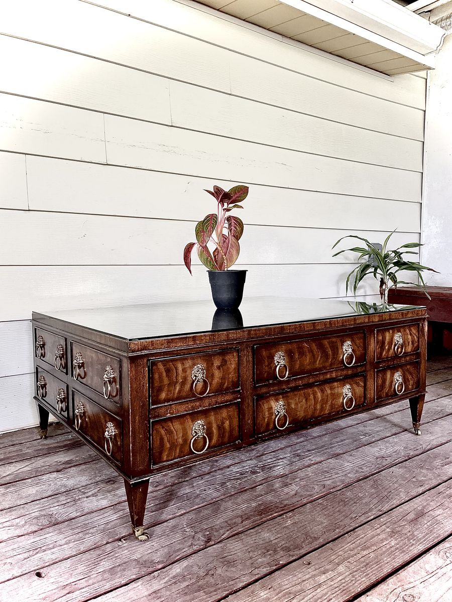 EJ Victor Burlwood and Walnut Regency Coffee Table – Brass Lion Head Hardware
