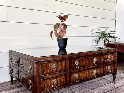 EJ Victor Burlwood and Walnut Regency Coffee Table – Brass Lion Head Hardware