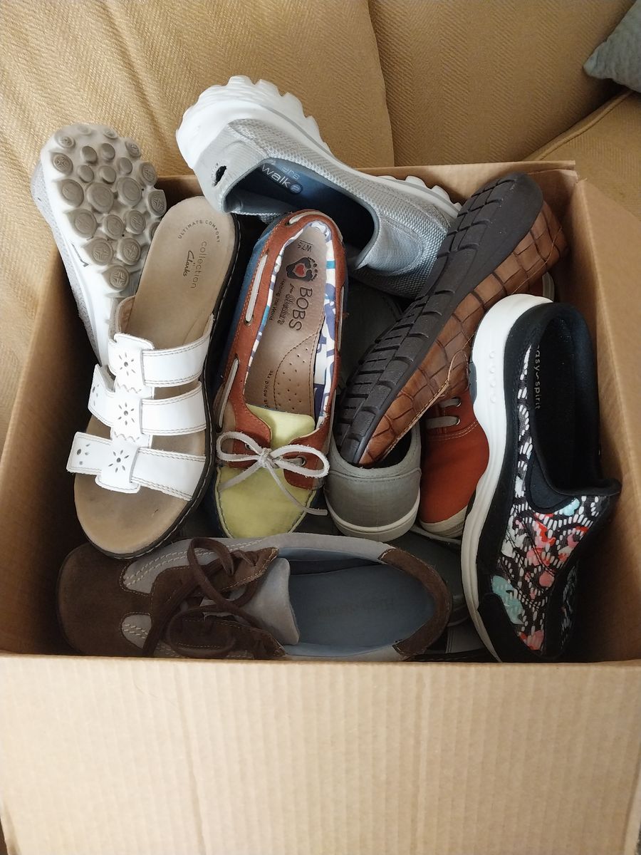 Women's shoes in complete pairs.