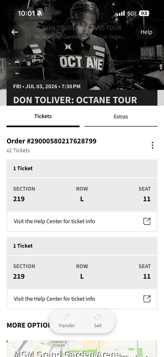 2 Don Toliver: Octane Tour Tickets - July 3, 2026, MGM Grand Garden Arena Las Vegas, Section 219, Row L, Seat 11