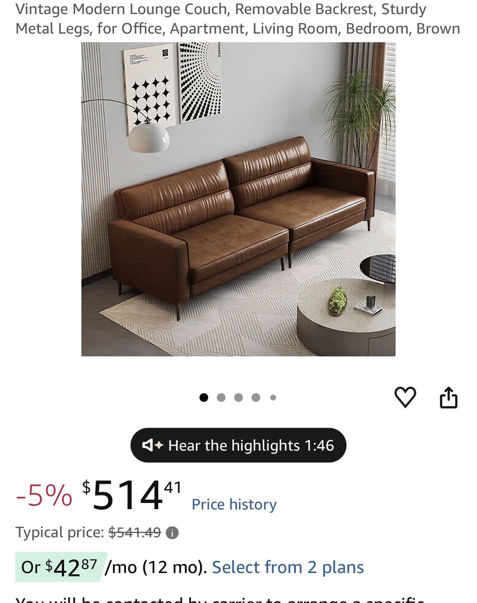 86” mid century PU leather sofa