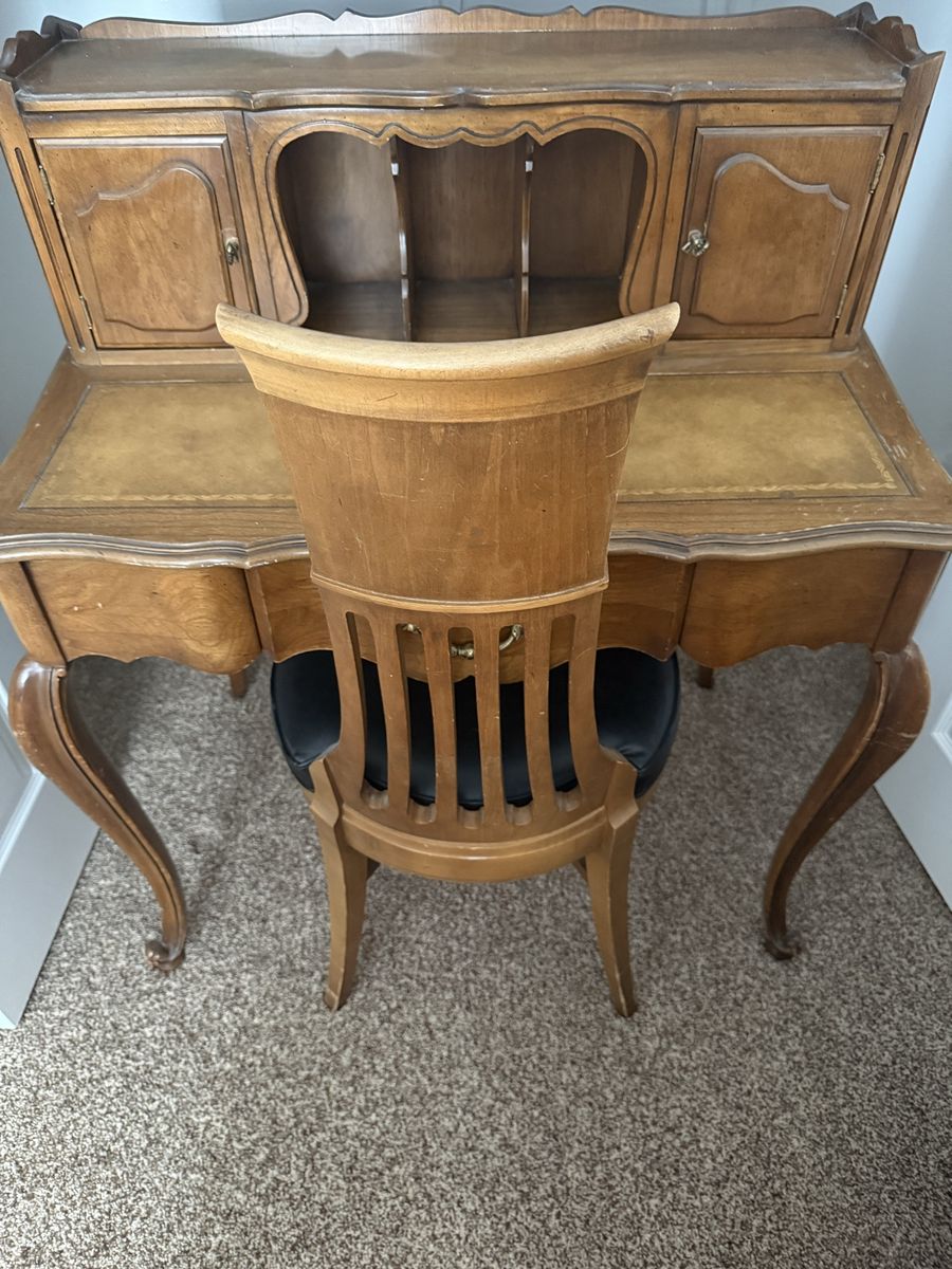 Vintage French Provincial Secretary Desk & Chair Set - Wood w/Leather Top