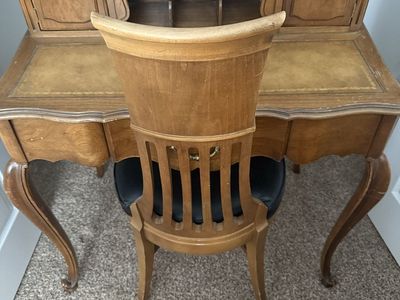 Vintage French Provincial Secretary Desk & Chair Set - Wood w/Leather Top