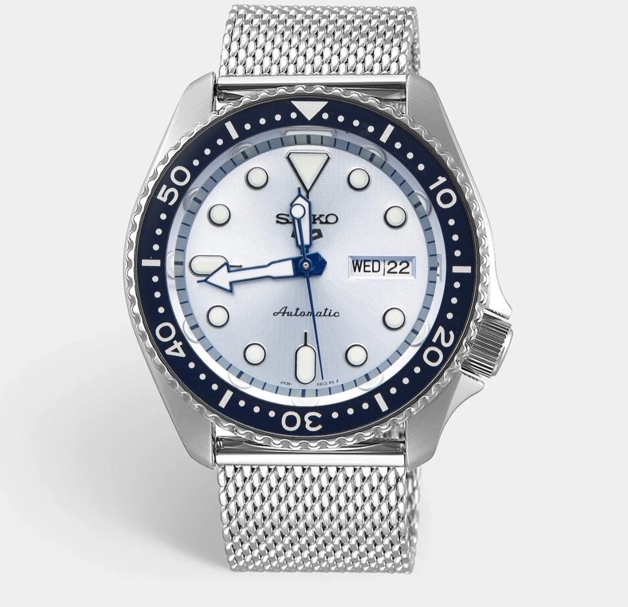 Seiko 5 Sports Automatic Watch Blue Bezel Silver Dial Stainless Steel Mesh Strap 