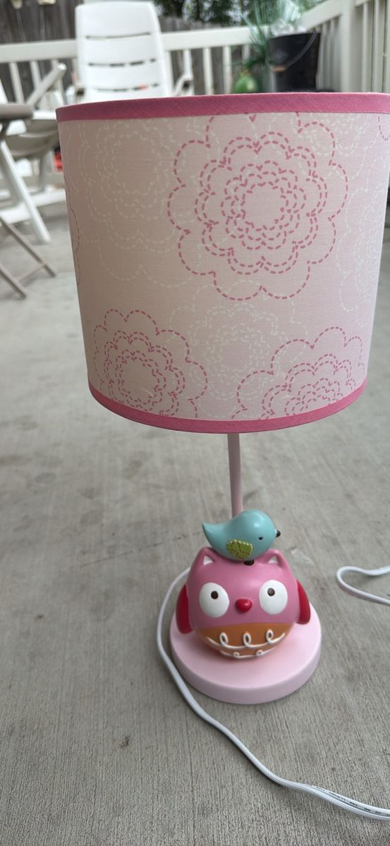 Pink Owl and Bird Children's Table Lamp with Floral Shade