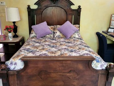 Antique bedframe - full wooden gorgeous detail - includes mattress & all bedding