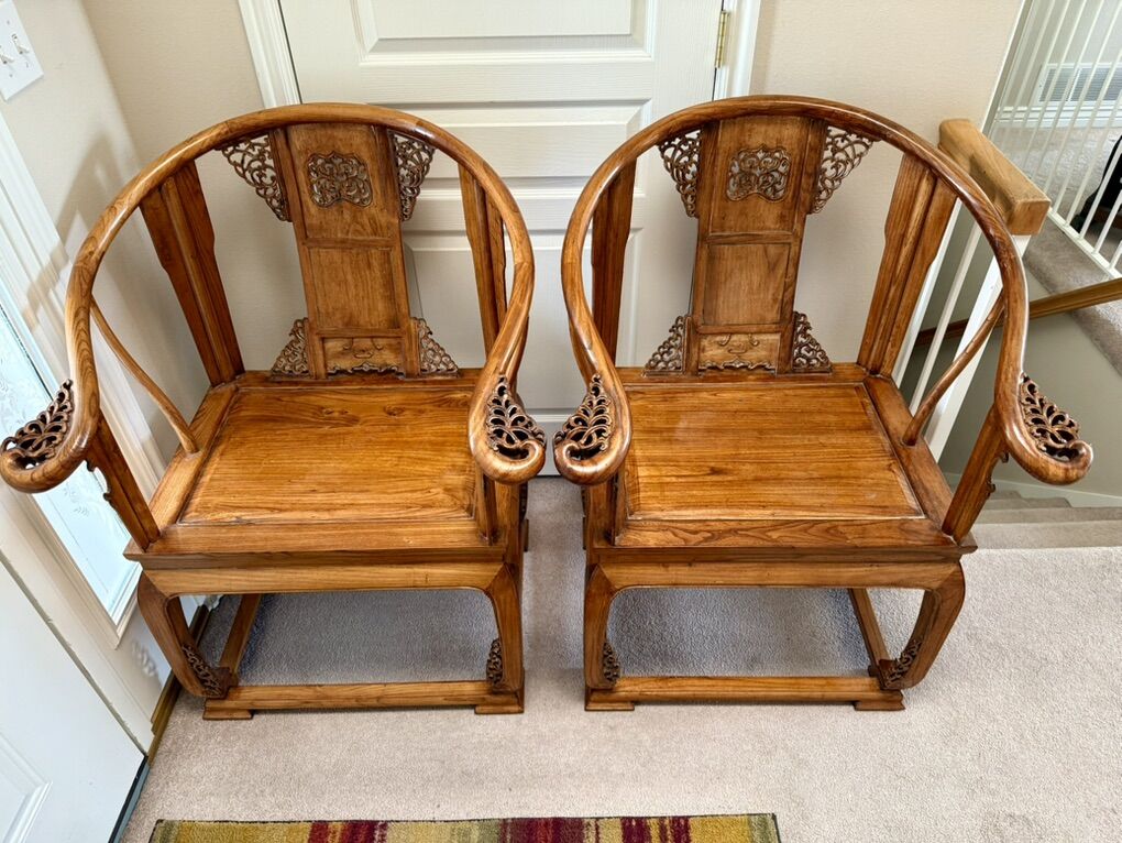 Vintage Chinese Asian Wood Horseshoe Back Chairs