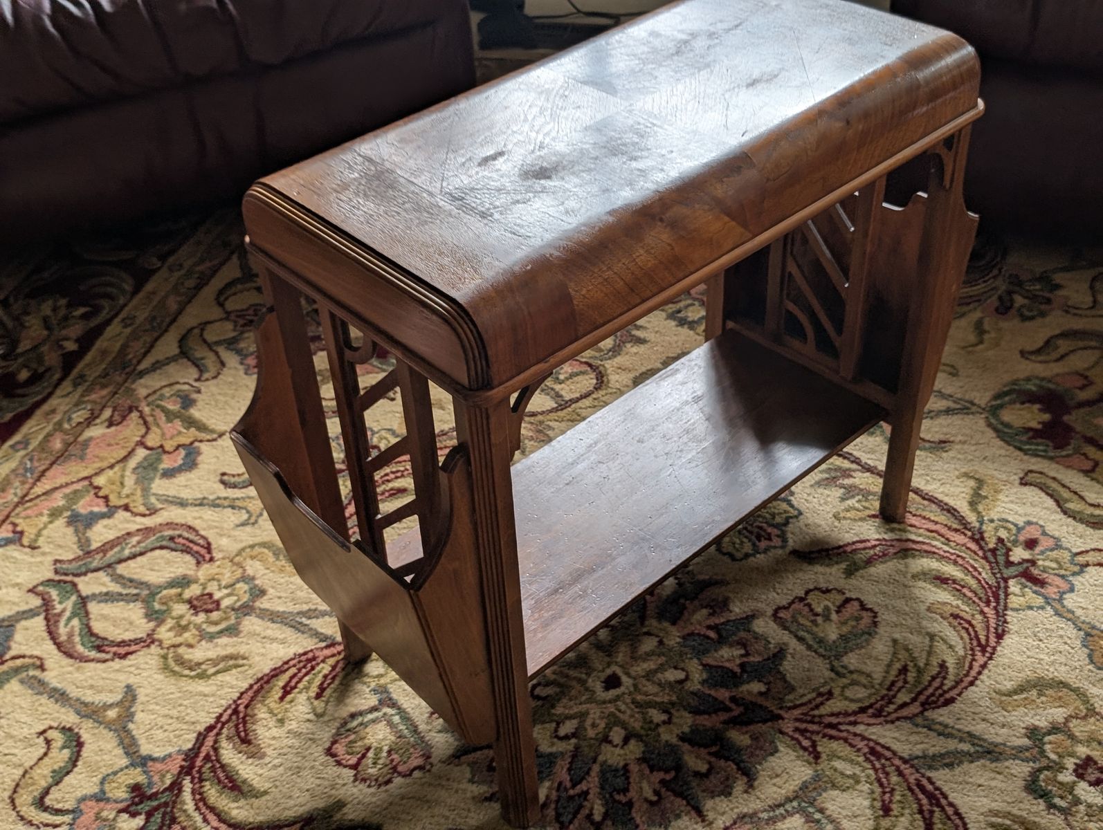 Vintage Mid-Century Walnut End Table with Magazine Rack – Bookmatched Top