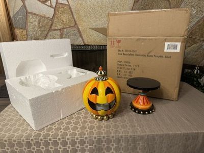 Mackenzie-Childs Illuminated Happy Pumpkin Small Decor with Stand and Original Box