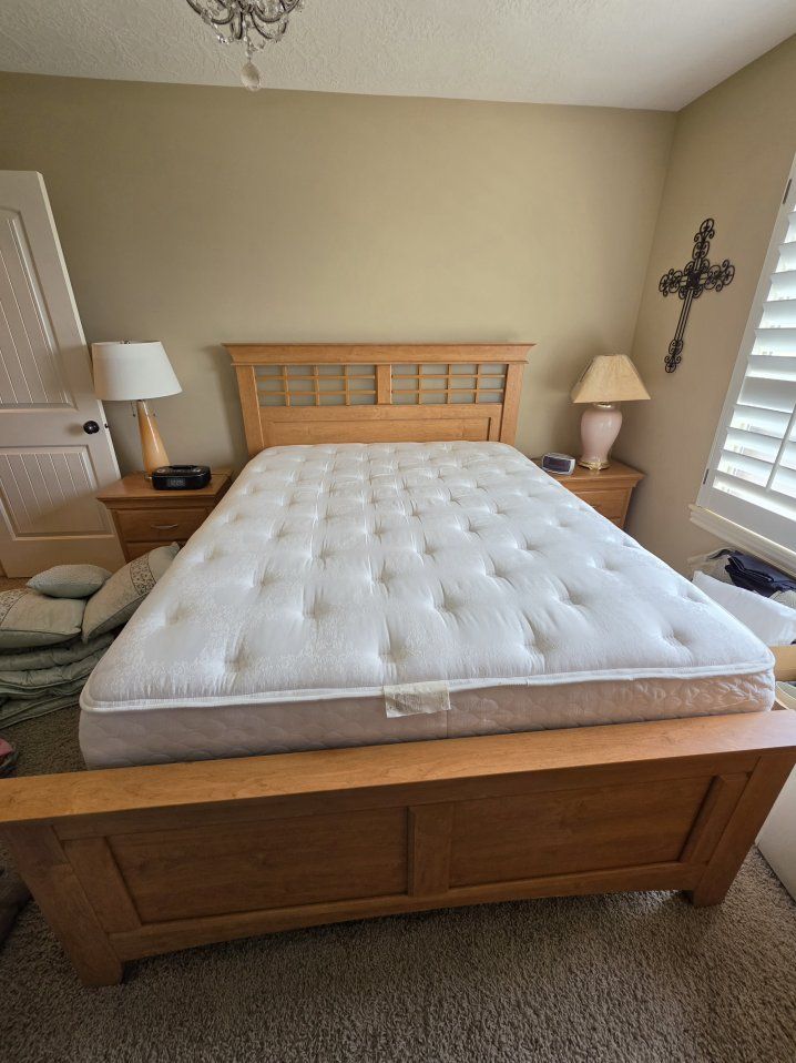 Queen Size Solid Light Wood Bed Frame with Lattice Headboard, Mattress, and Box Spring