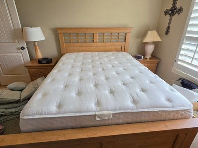 Queen Size Solid Light Wood Bed Frame with Lattice Headboard, Mattress, and Box Spring