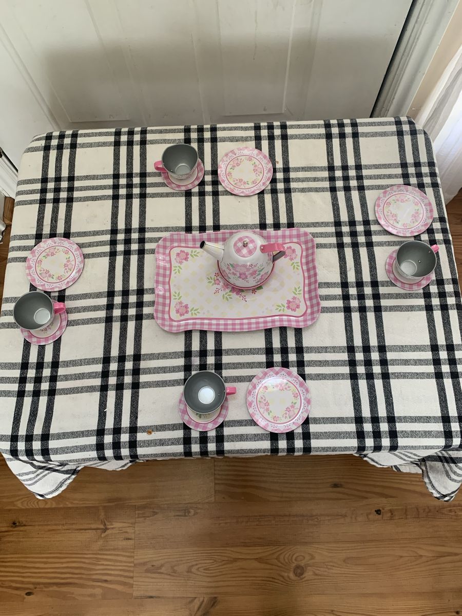 Kids Pink Floral & Gingham Tin Tea Set -Teapot, Tray, Cups & Saucers