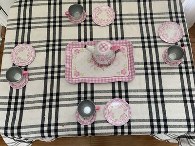 Kids Pink Floral & Gingham Tin Tea Set -Teapot, Tray, Cups & Saucers