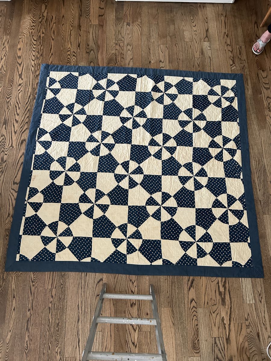 Antique Hand-Pieced and Quilted Blue and White Cotton Quilt