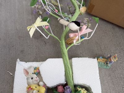 Easter Bunny and Spring Tree Figurine Decoration with Small Rabbit Figurine