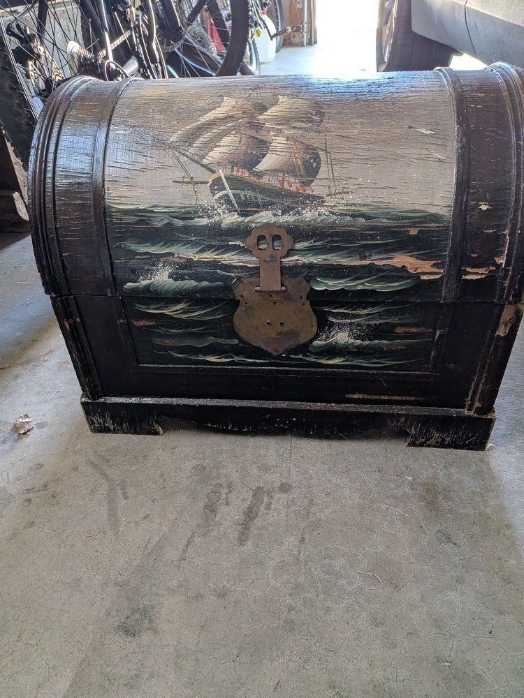 Vintage Hand-Painted Wooden Storage Trunk Chest with Ship Scene - Unique Barrel Top Design